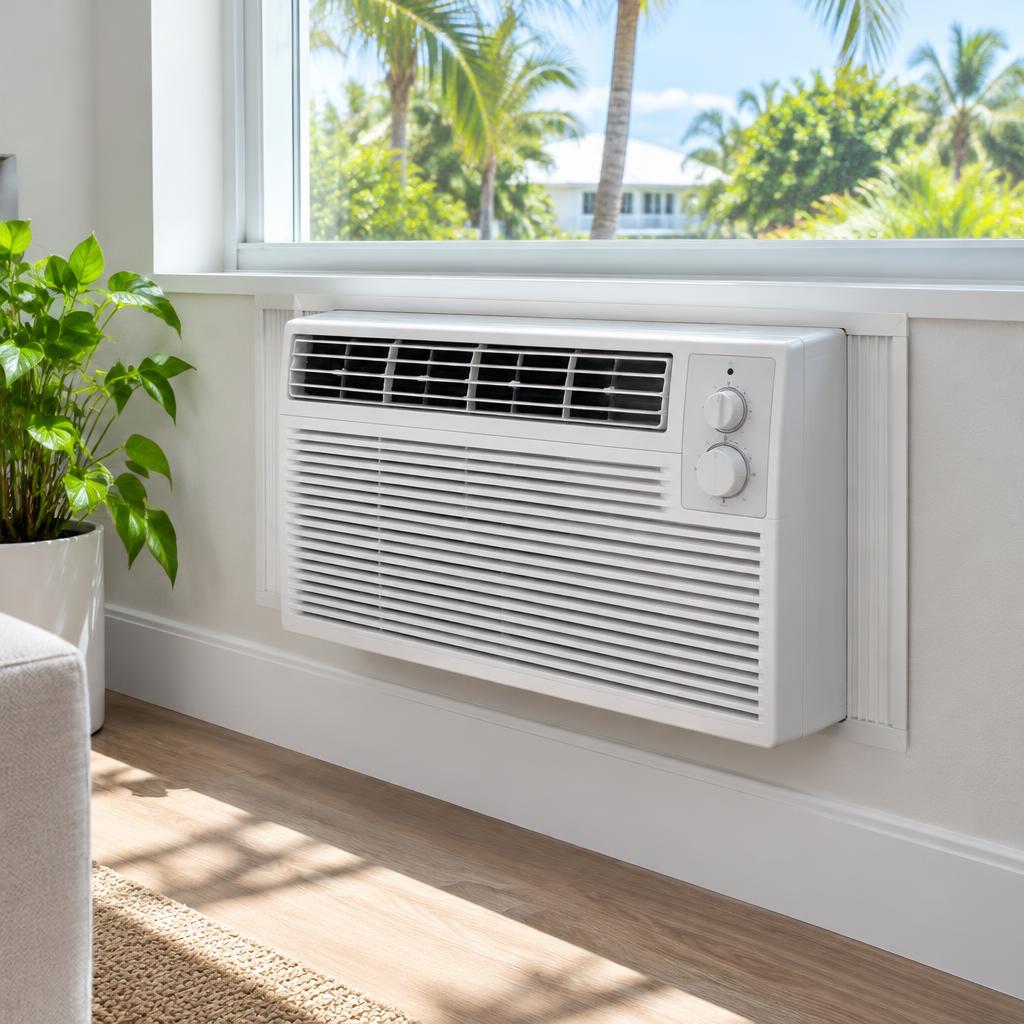 Through-the-wall room air conditioner below a window